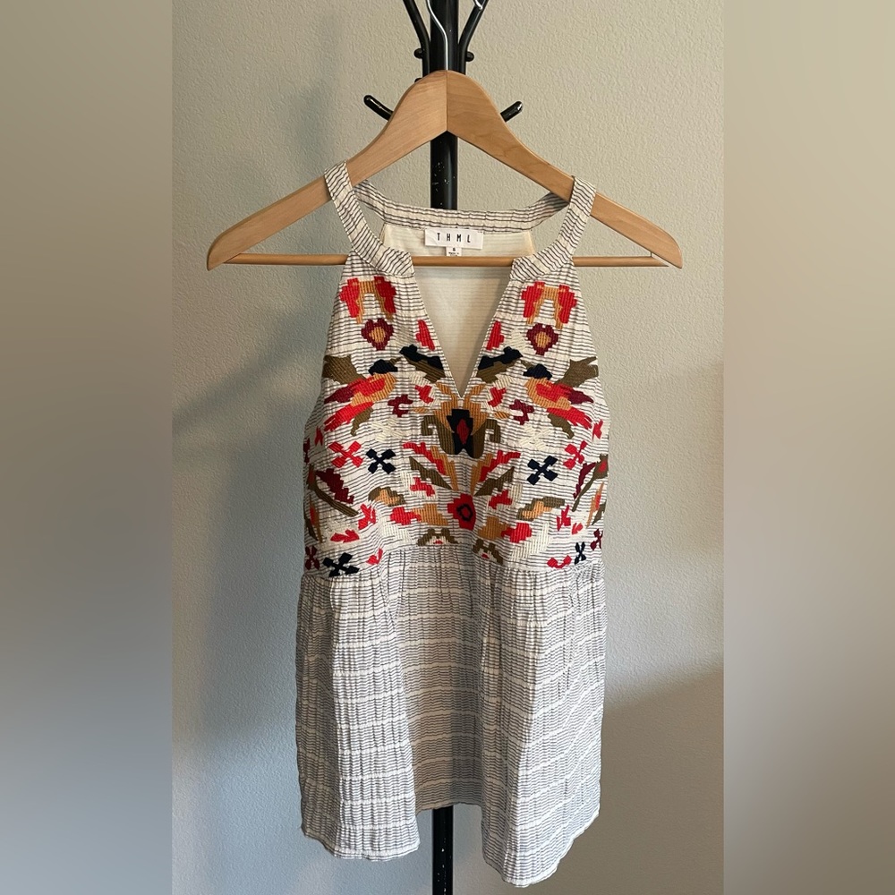 THML - Striped v-neck sleeveless top with detailed embroidery. Size small.